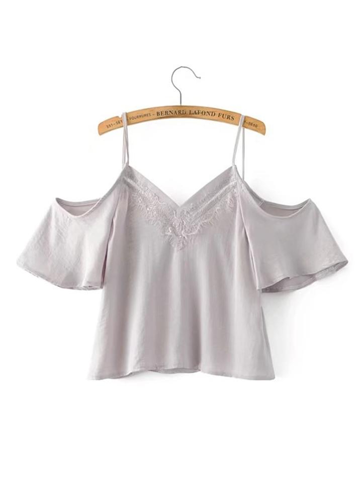 Romwe Cold Shoulder Contrast Lace Top