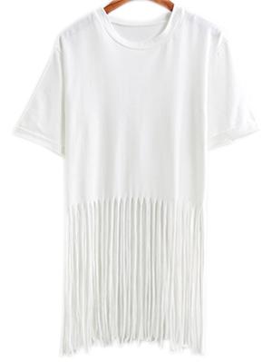 Romwe White Short Sleeve Tassel T-shirt