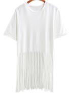 Romwe White Short Sleeve Tassel T-shirt