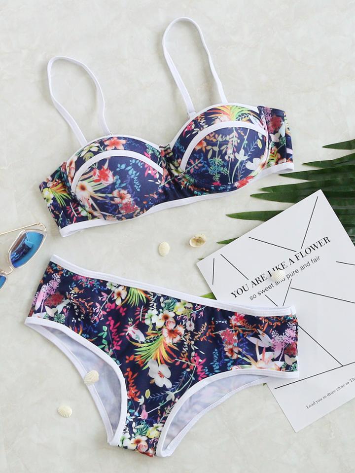Romwe Floral Print Contrast Trim Bikini Set