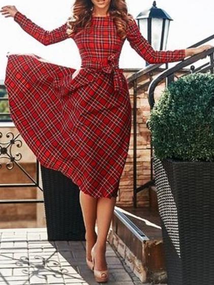 Romwe Red Plaid Sash Long Sleeve Midi Dress