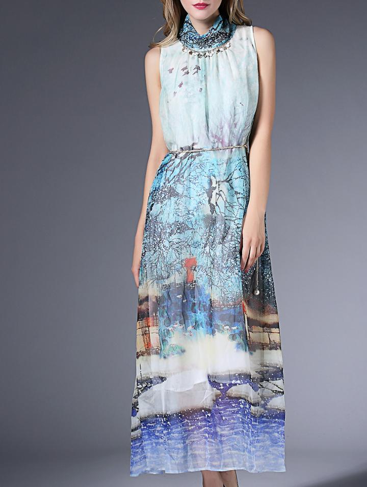 Romwe Blue Sleeveless Tribal Print Beading Drawstring Maxi Dress