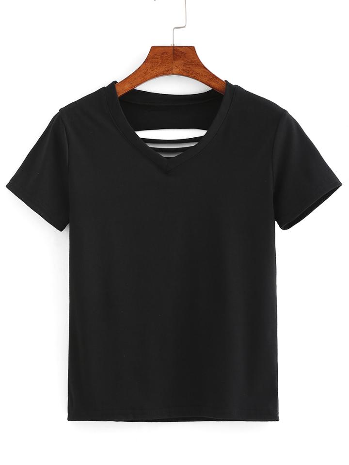 Romwe Ripped Back Black T-shirt