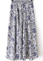 Romwe Elastic Waist Flower Print Pleated Blue Skirt