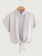 Romwe Tie Front Cuffed Dolman Sleeve Striped Shirt