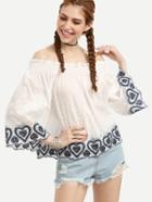 Romwe White Shirred Off The Shoulder Eyelet Embroidered Top