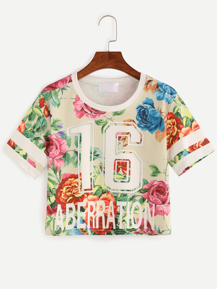 Romwe Multicolor Flower Print Crop Varsity T-shirt