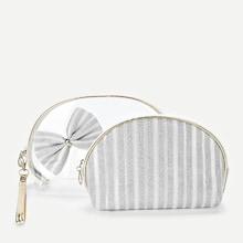 Romwe Bow Embellished Striped Makeup Bag 2pcs