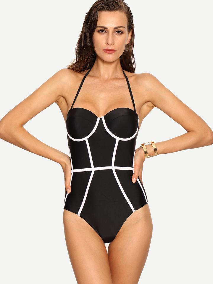 Romwe Contrast Binding One-piece Swimwear - Black