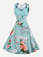 Romwe Floral Sweetheart Neck Folds Swing Dress