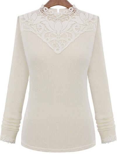 Romwe Contrast Lace Slim Beige Sweater