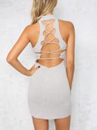 Romwe Grey Mock Neck Cutout Lace Up Ribbed Knit Dress