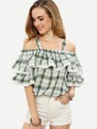 Romwe Green Plaid Ruffled Cold Shoulder Top