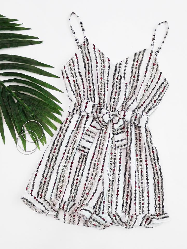Romwe Geo Print Random Surplice Cami Romper With Belt