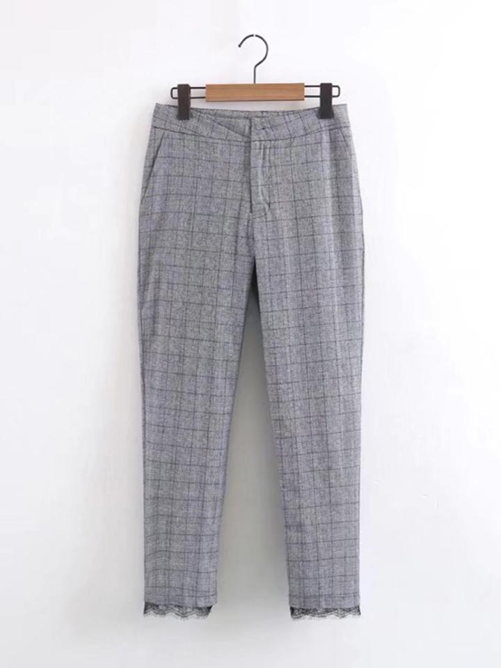 Romwe Eyelash Lace Cuff Plaid Pants