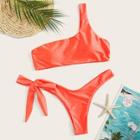 Romwe Neon Orange One Shoulder Knot Bikini Set