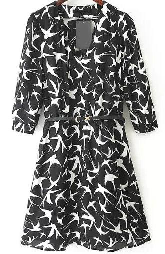 Romwe Black V Neck Half Sleeve Birds Print Flare Dress