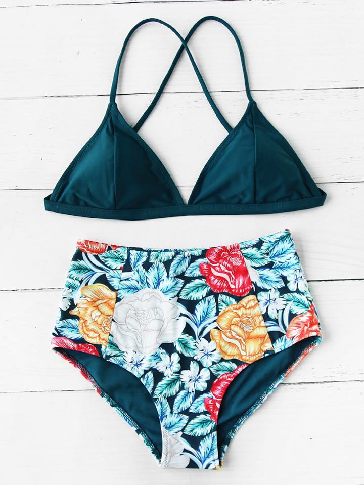 Romwe Calico Print High Waist Mixed And Match Bikini Set