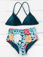 Romwe Calico Print High Waist Mixed And Match Bikini Set
