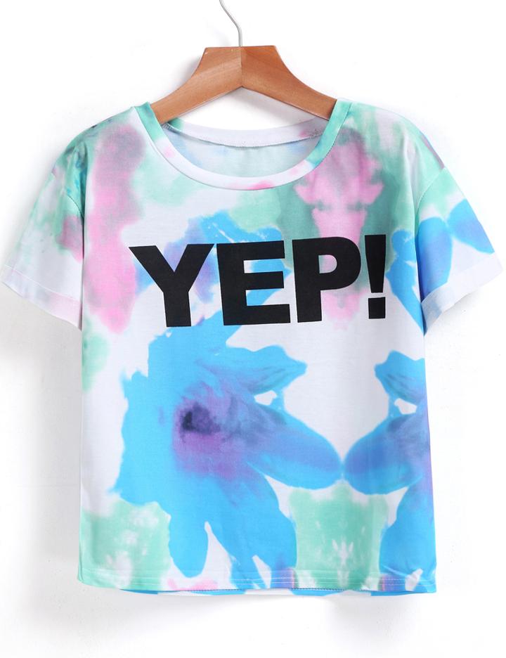 Romwe Round Neck Floral Letter Print T-shirt