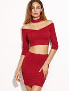 Romwe Off Shoulder Ribbed Knit T-shirt With Skirt