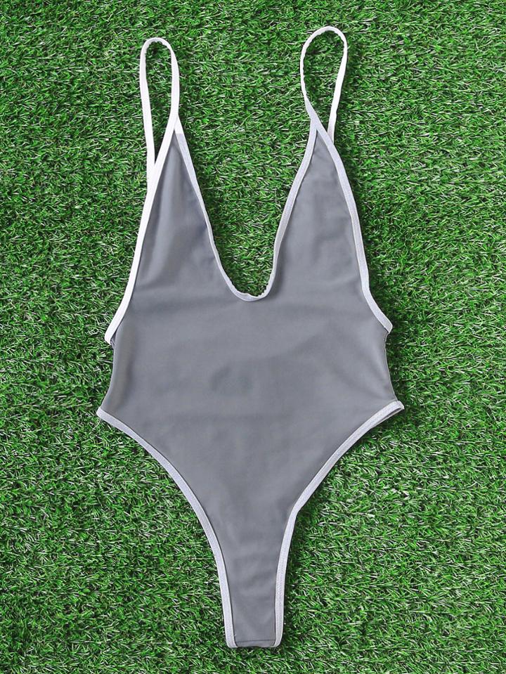 Romwe Contrast Trim Plunge Neckline Monokini