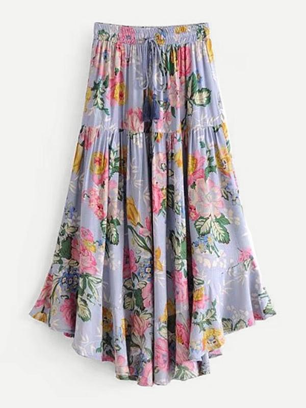 Romwe Tassel Tie Asymmetrical Floral Dress