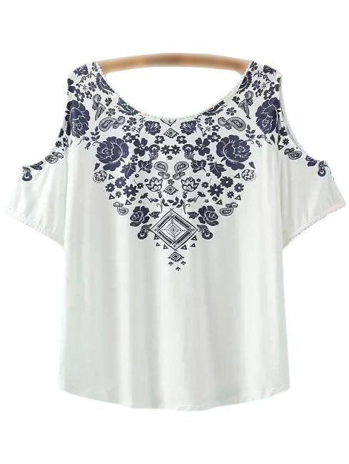 Romwe White Short Sleeve Cold Shoulder Print T-shirt