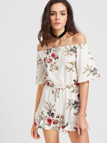 Romwe White Floral Print Off The Shoulder Romper