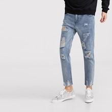 Romwe Guys Ripped Raw Hem Washed Jeans