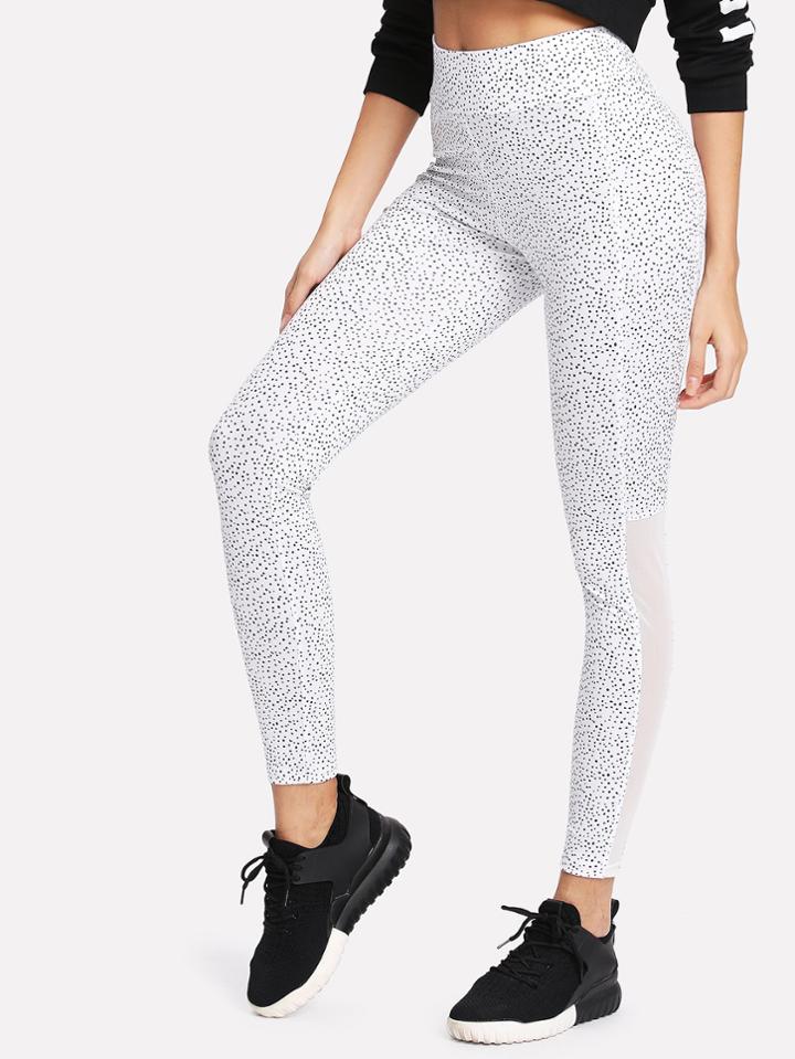 Romwe Contrast Sheer Mesh Dot Print Leggings