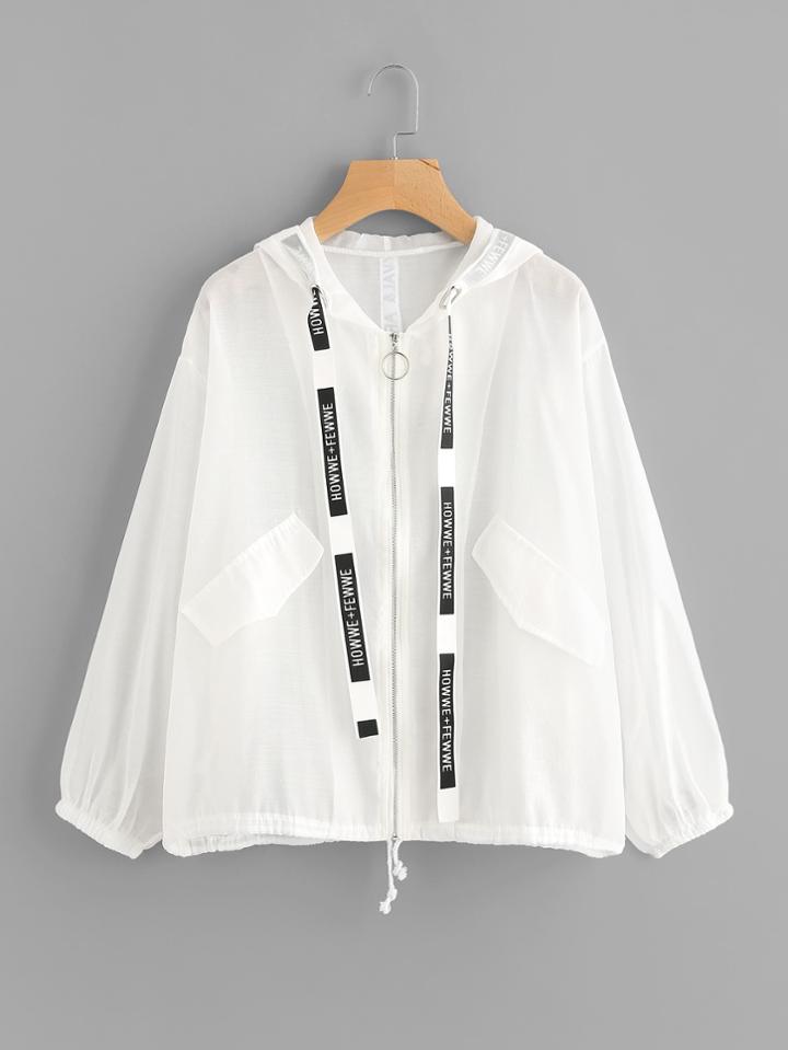 Romwe Letter Ribbon Detail Drawstring Hem Jacket
