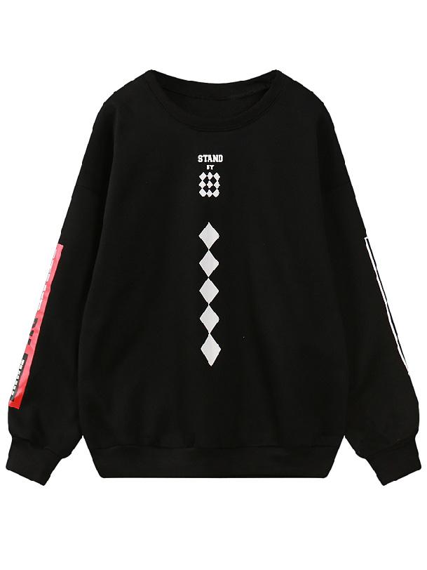 Romwe Diamond Print Loose Black Sweatshirt