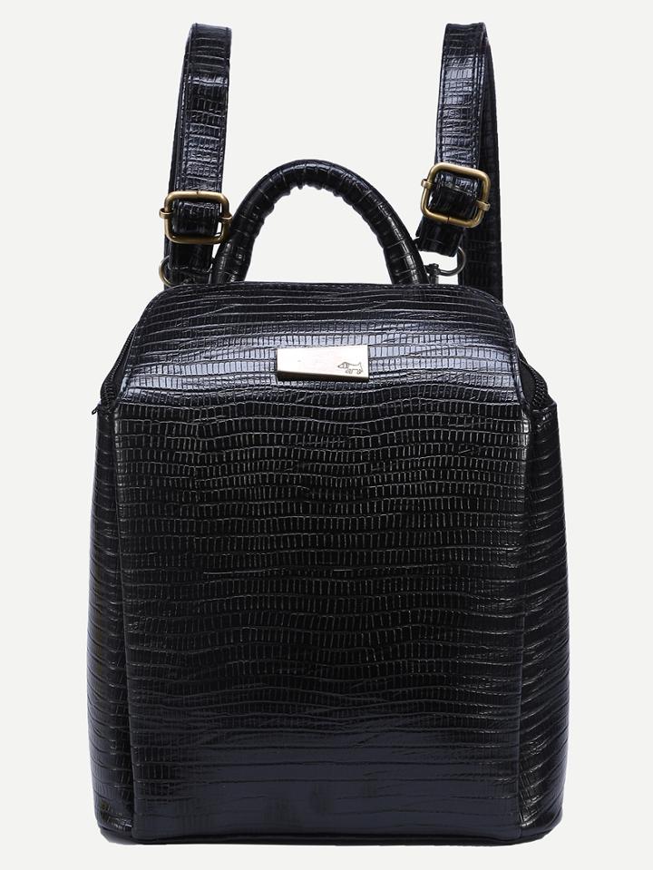 Romwe Lizard Embossed Faux Leather Structured Backpack - Black