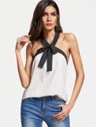 Romwe White Contrast Bow Tie Halter Neck Top