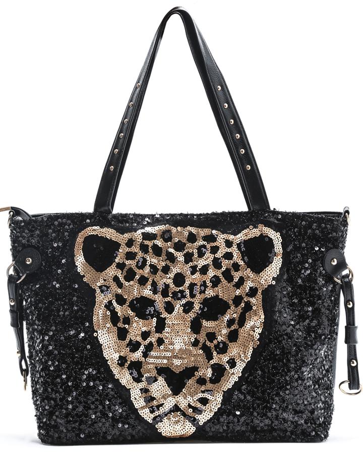 Romwe Black Tiger Sequins Shoulder Bag