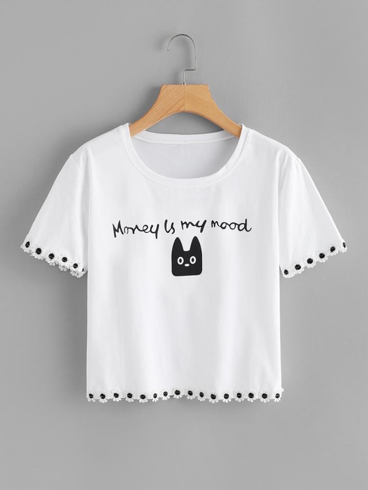 Romwe Floral Trim Cat Print Tee
