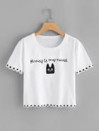 Romwe Floral Trim Cat Print Tee