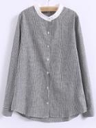 Romwe Black Round Neck Buttons Front Long Sleeve Striped Blouse