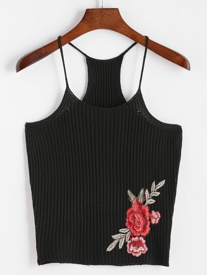 Romwe Rose Patch Knit Racer Cami Top