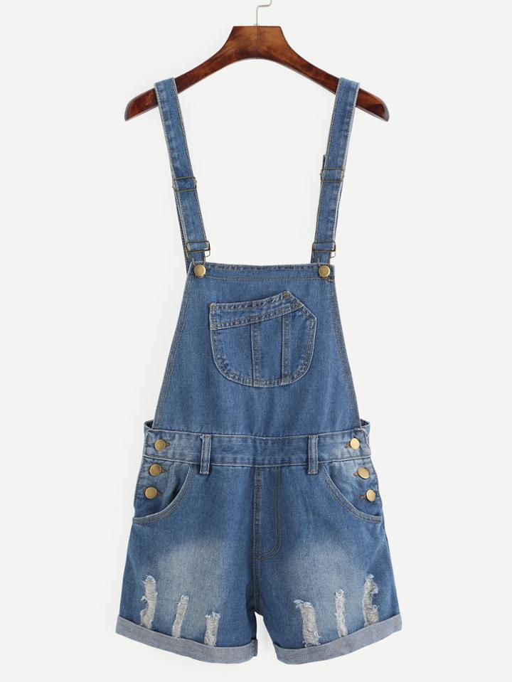 Romwe Blue Ripped Cuffed Overall Denim Shorts