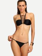 Romwe Ladder-cutout Halter Neck Bandeau Bikini Set - Black