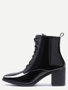 Romwe Black Patent Leather Point Toe Lace Up Booties