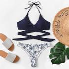 Romwe Wrap Top With Random Leaf Print Bikini