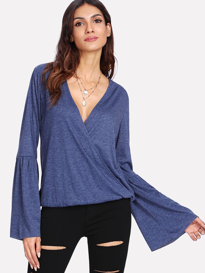 Romwe Surplice Neckline Flounce Sleeve Marled Tee