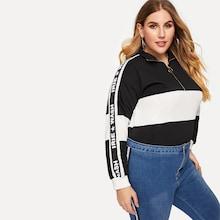 Romwe Plus Quarter Zip Letter Print Sweatshirt