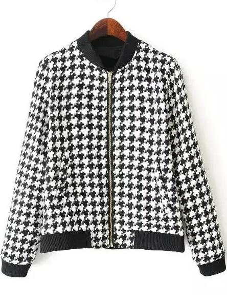 Romwe Stand Collar Houndstooth Zipper Jacket