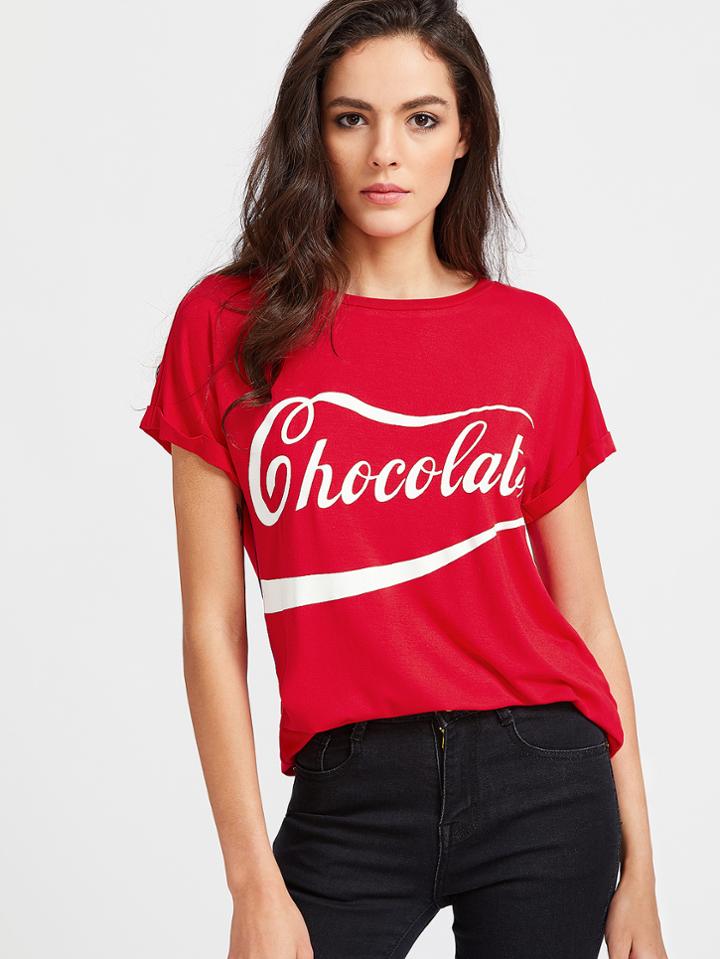 Romwe Letter Print Roll Cuff Tee