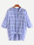 Romwe Blue Grid Dropped Shoulder Seam High Low Blouse