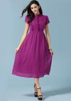 Romwe Purple Stand Collar Ruffle Chiffon Dress